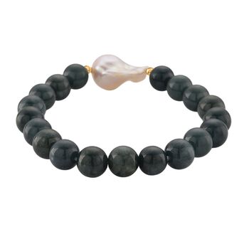 EXTREM SELTEN - Nat&uuml;rlicher Olmek Jadeit, S&uuml;&szlig;wasser Barockperle Armband, Flexibles, 925 Silber vergoldet