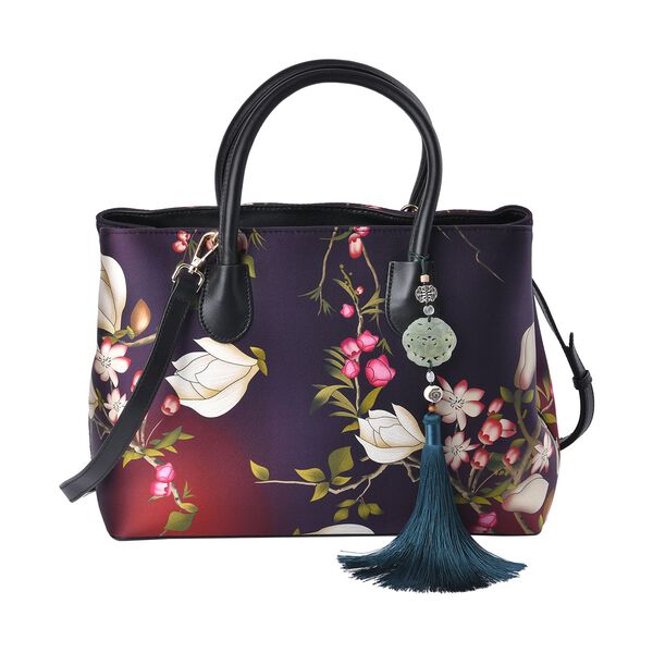Cabrio Handtasche aus Seide und 100% echtem Leder mit Magnolien-Muster und nat&uuml;rlicher Jade-Quaste, 32,8x25x14 cm, dunkelviolett