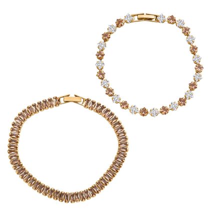 2er Set - Champagner Zirkonia, Wei&szlig;er Zirkonia Armband ca. 19 cm, Nickelfreies Messing, Goldfarben