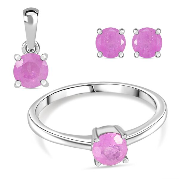 3er Set - D'Joy Ilakaka Rosa Saphir (Fissure gef&uuml;llt) Ohrringe, Ring und Anh&auml;nger, 925 Silber rhodiniert (Gr&ouml;&szlig;e 17) ca. 1.84 ct