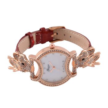 GENOA TIME V2 Kristall Uhr mit japanischem Miyota-Uhrwerk und rotem Lederarmband in Ros&eacute;goldton, 24cm