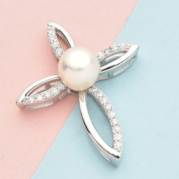 S&uuml;&szlig;wasserzuchtperlen und Wei&szlig;er Zirkonia Anh&auml;nger 925 Silber rhodiniert ca. 0,24 ct image number 3