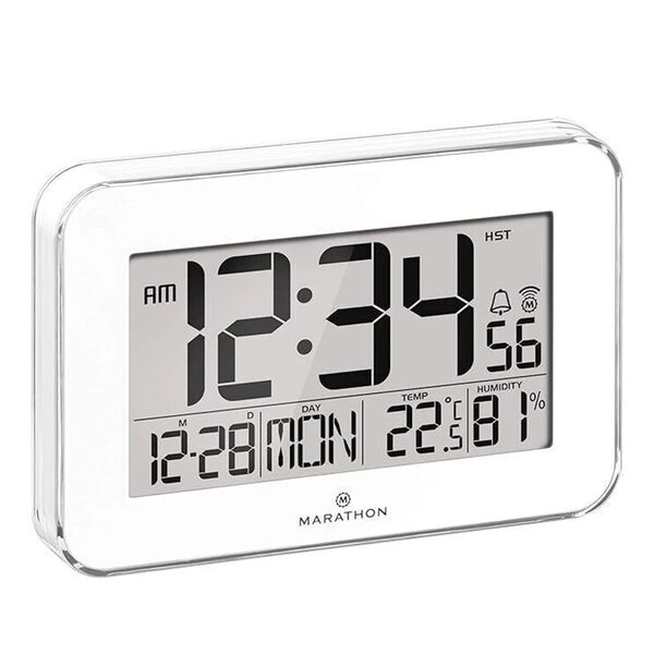 CLOSE OUT DEAL MARATHON Designer Atom-Wanduhr mit Temperatur, Luftfeuchtigkeitsanzeige, Kalender, Alarm und Schlummerfunktion, Wei&szlig;