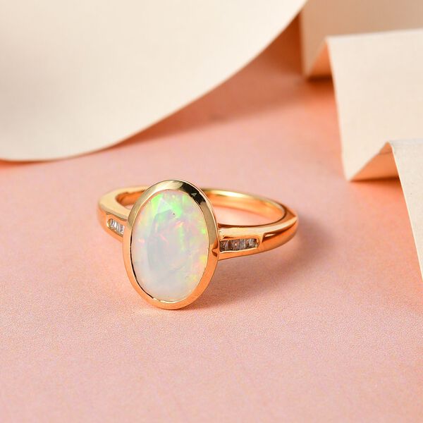 Nat&uuml;rlicher, &auml;thiopischer Welo Opal und wei&szlig;er Diamant Ring, 925 Silber Gelbgold Vermeil (Gr&ouml;&szlig;e 17.00) ca. 2,15 ct image number 2