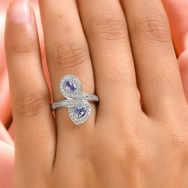 Tansanit und Zirkon Bypass Ring 925 Silber platiniert  ca. 0,93 ct image number 3