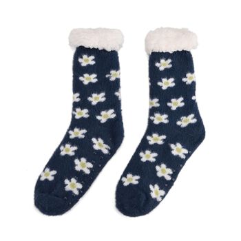 SHERPA Kuschelsocken mit Blumen-Design und rutschfester Sohle, Einheitsgr&ouml;&szlig;e, Dunkelblau