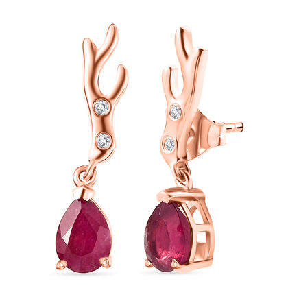 D'Joy Afrikanischer Rubin (Fissure gef&uuml;llt), Wei&szlig;er Zirkon Ohrringe 925 Silber 750 ros&eacute;vergoldet ca. 2.06 ct