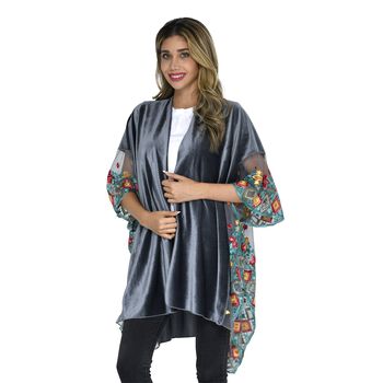 TAMSY - Kimono aus Samt mit Blumenstickerei, Einheitsgr&ouml;&szlig;e Grau
