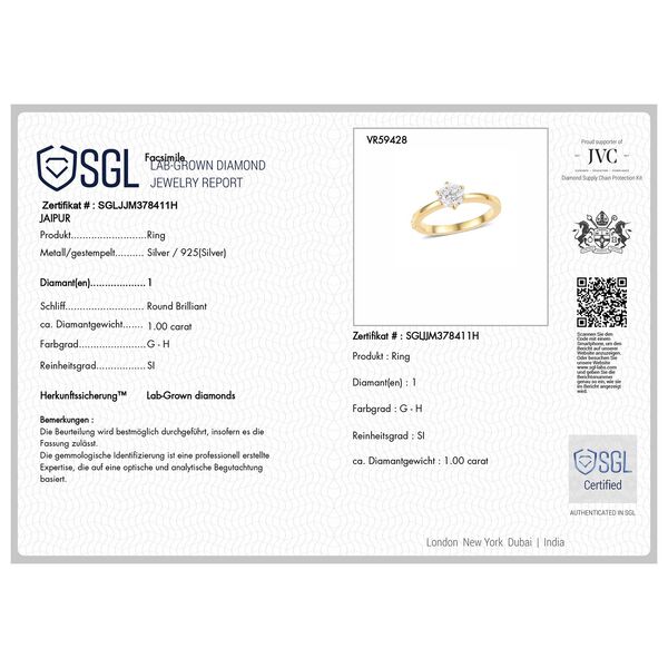 LUXURIANT SGL zertifizierter SI-GH Labor Diamant Solit&auml;r Ring, 925 Silber 750 Gelbgold Vermeil - 1 ct. image number 9