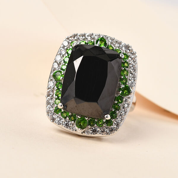 Elite Shungit und Nat&uuml;rlicher Chromdiopsid Halo Ring, 925 Silber platiniert  ca. 8,95 ct image number 2