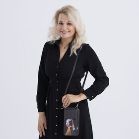 PU Handytasche mit RFID-Schutz, 20x11x2cm, M&auml;dchen mit Perlenohrring-Muster, Schwarz