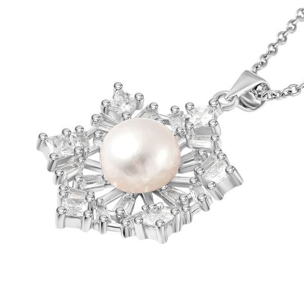 Weißer Süßwasserperlen und Zirkonia-Anhänger mit Kette, 45 cm - 3,50 ct. image number 4