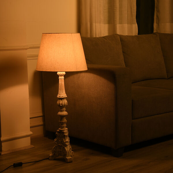 NAKKASHI - handgeschnitzte Stehlampe aus Mangoholz, inkl. Lampenschirm, wei&szlig;es Finish image number 2