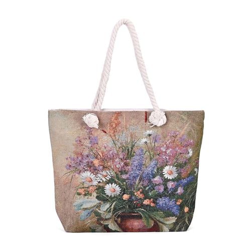 Große Lifestyle-Tragetasche Beige mit Lippen-Print - Jute-Außenseite, 42x34x9x37cm