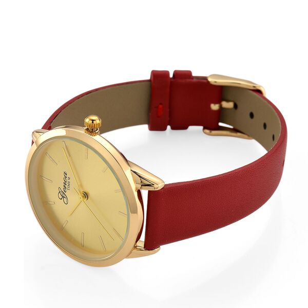 GENOA TIME - Armbanduhr Legierung, goldfarben, rotes Lederarmband, Zifferblatt Gold-Sunshine, 3 ATM wasserdicht image number 5