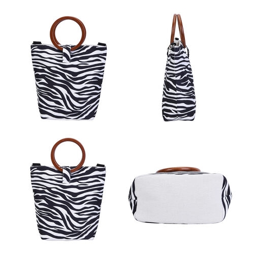 Handtasche mit Holzgriffen, Zebramuster, Schwarz/weiß image number 1