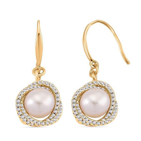 Wei&szlig;e S&uuml;&szlig;wasser Perle (8-10 mm), Wei&szlig;er Zirkonia Ohrringe Nickelfreies Messing vergoldet image number 0