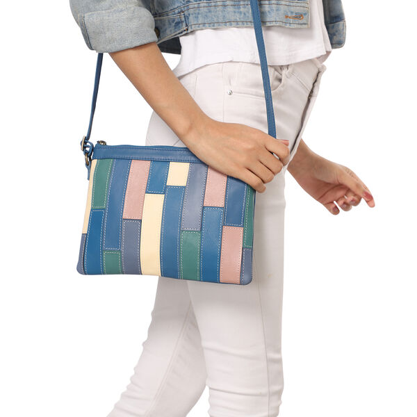 100% echte Leder Patchwork Umhängetasche, Blau image number 2