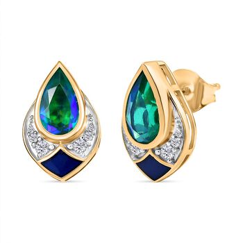 Pfau Quarz Triplette, Wei&szlig;er Zirkon Ohrringe 925 Silber platiniert und vergoldet ca. 2.65 ct