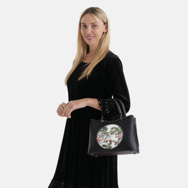Florale Kunstprint Crossbody Tasche mit gemustertem Schulterriemen, 30x12x22cm, Schwarz image number 3