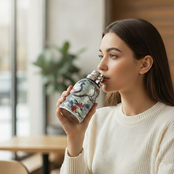 LIVMORE Edelstahl Trinkflasche 260 ml ca. 14 cm Gr&uuml;ner Pfau Gr&uuml;n image number 2