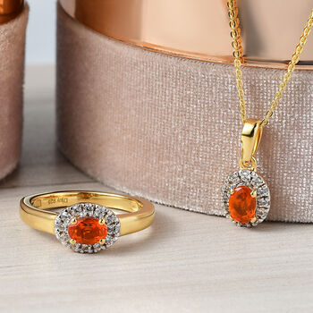 2er Set - D'Joy AAAA Blaze Feueropal Anh&auml;nger mit Kette und Ring, ca. 50 cm 925 Silber 750 Gelbgold Vermeil (Gr&ouml;&szlig;e 20.00) ca. 1.36 ct