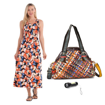 Mehrfarbiges schulterfreies gesmoktes Kleid mit G&uuml;rtel und Chaos by Elsie Echtleder Crossbody Tasche mit RFID und Mini-Blitzlampe