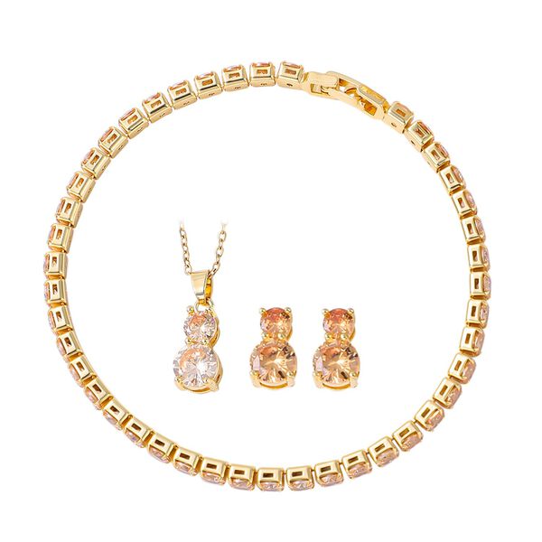 4er Set, Champagner Zirkonia Armband, Anh&auml;nger mit Kette und Ohrringen, Messing ca. 17.60 ct