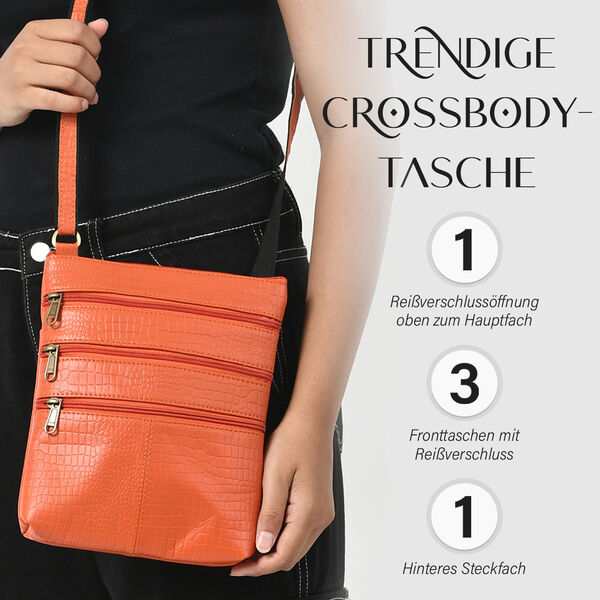 Echtleder Crossbody Tasche mit Kroko-Pr&auml;gung, Cognac image number 2