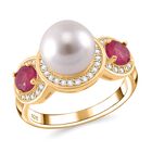 Weiße Muschelkernperle, Afrikanischer Rubin (Fissure gefüllt) Ring 925 Silber vergoldet (Größe 17.00)