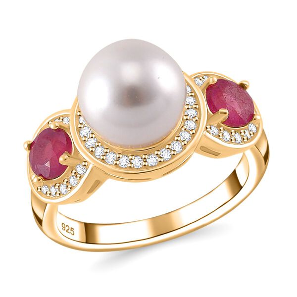 Wei&szlig;e Muschelkernperle, Afrikanischer Rubin (Fissure gef&uuml;llt) Ring 925 Silber vergoldet (Gr&ouml;&szlig;e 17.00)