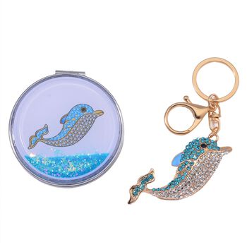 2er Set - Mehrfarbiger Kristall, Delfin-Set: Schl&uuml;sselanh&auml;nger und Spiegel, emailliert, goldfarben