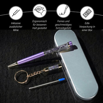 Kugelschreiber mit Amethyst-Edelsteinf&uuml;llung, inkl. Nachf&uuml;llmine und Schl&uuml;sselanh&auml;nger, Violett
