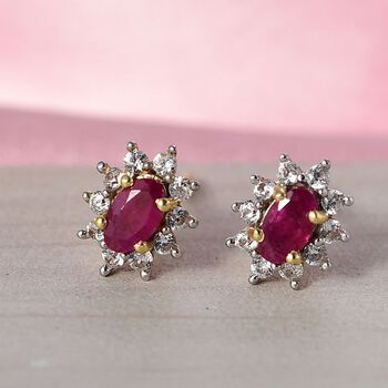 AA Afrikanischer Rubin (Fissure gef&uuml;llt), Wei&szlig;er Zirkon Ohrringe 925 Silber 750 Gelb Vergoldet ca. 1.21 ct