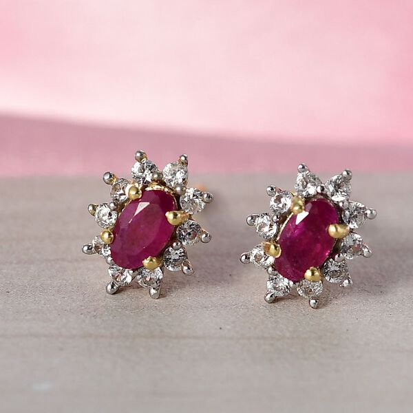 AA Afrikanischer Rubin (Fissure gefüllt), Weißer Zirkon Ohrringe 925 Silber 750 Gelb Vergoldet ca. 1.21 ct image number 2