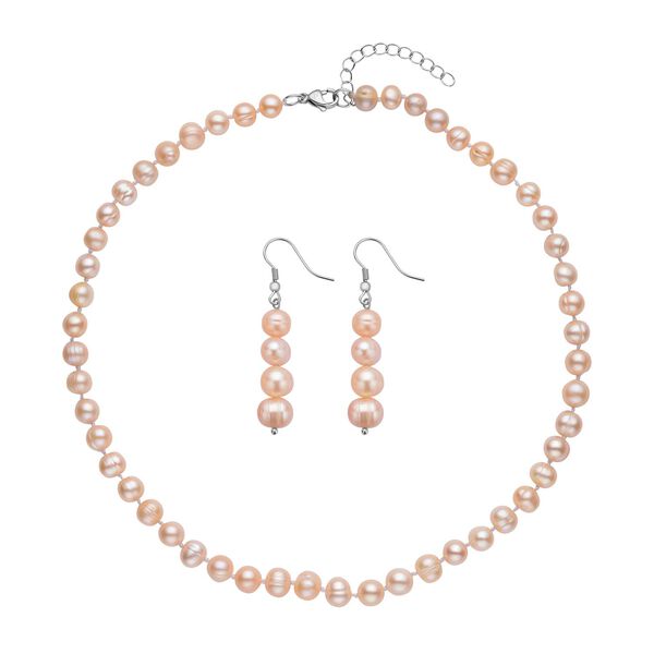 2er Set, Pfirsich S&uuml;&szlig;wasserzuchtperlen Halskette und Ohrringe, Edelstahl