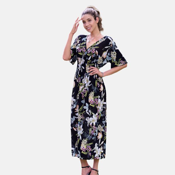 Gesmoktes Maxi-Kleid, Blumenmuster, Schwarz image number 5