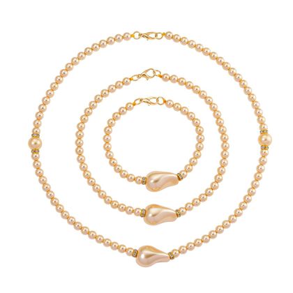 3er Set Goldene Muschelkernperlen-Schmuckst&uuml;cke, bestehend aus Armband (ca. 19 cm) und zwei Halsketten (ca. 40 cm und 50 cm), gelb vergoldet
