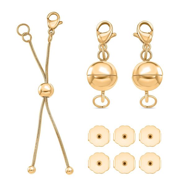 9 teiliges 316L Edelstahl Schmuckset, 1 Bolo Schieber, 2 Magnetverschluss Kugeln, 6 Ohrstopper, ca. 5,13 g, Goldfarben