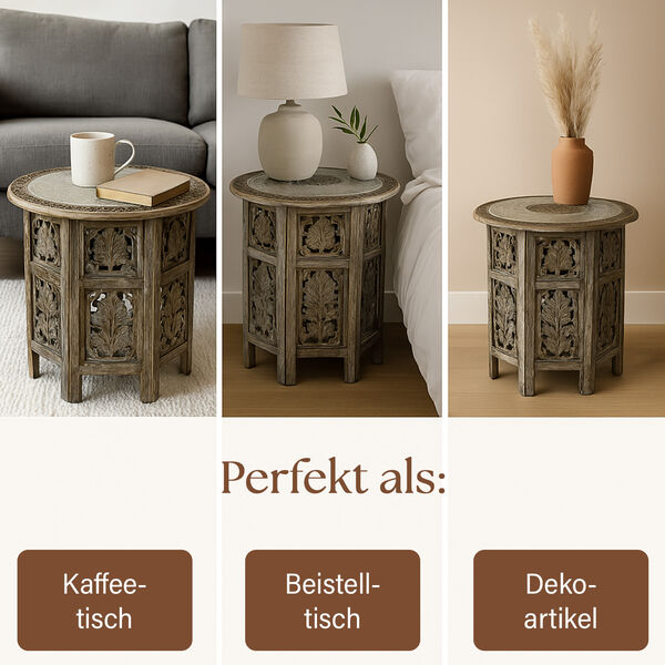 NAKKASHI - handgeschnitzter klappbarer Tisch aus Mangoholz mit handgeprägter Aluminiumplatte, 53x53x53 cm, weiß image number 5