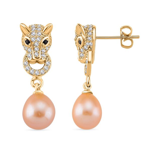 Pfirsich-Süßwasser Perle, Zirkonia Ohrringe Messing 13.50 ct image number 0