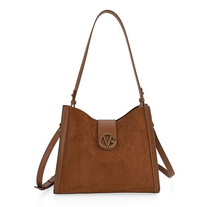 Echtleder-Trapez-Umh&auml;ngetasche im modernen Designer-Stil mit Doppelriemen und Magnetverschluss, 27x11x23 cm, Kaffee