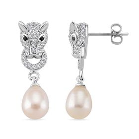 Weiße Süßwasser Perle, Zirkonia Ohrringe Messing 13.50 ct
