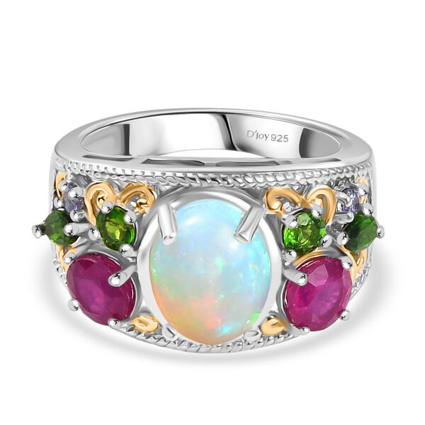 D'Joy AA Nat&uuml;rlicher, &auml;thiopischer Welo Opal, Afrikanischer Rubin (Fissure gef&uuml;llt) Ring 925 Silber Rhodiniert und 750 Gelbgold Vermeil (Gr&ouml;&szlig;e 19.00) ca. 3,87 ct