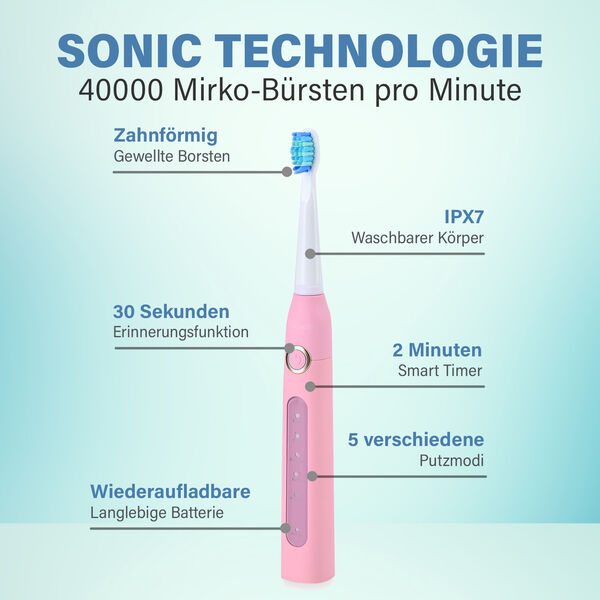 Fairywill- Zahnb&uuml;rste mit 4 B&uuml;rstenk&ouml;pfen, Rosa image number 3