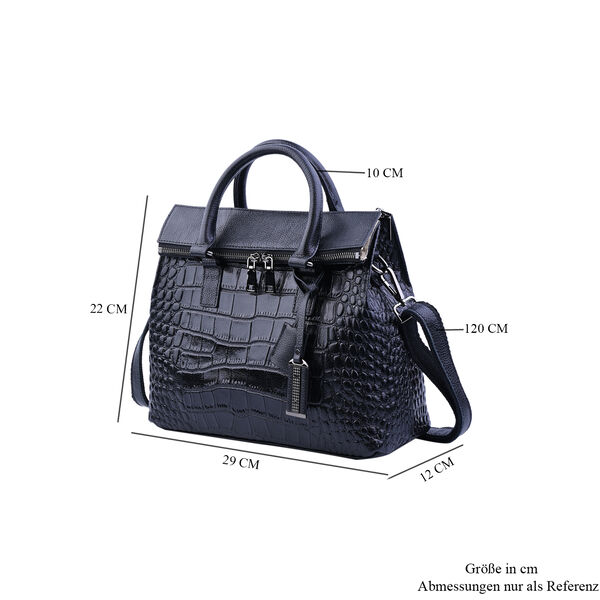 Schultertasche aus 100% echtem Leder mit Kroko-Prägung und abnehmbarem Riemen, Schwarz  image number 7