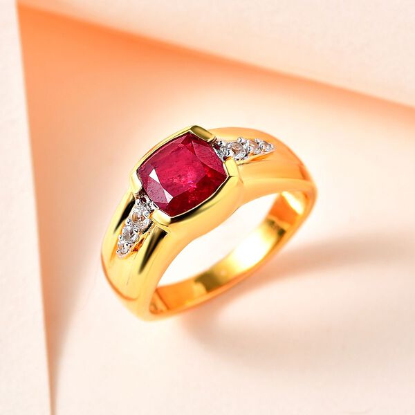 Afrikanischer Rubin (Fissure gef&uuml;llt), wei&szlig;er Zirkon Ring, 925 Silber Gelbgold Vermeil (Gr&ouml;&szlig;e 18.00) ca. 2.49 ct image number 2