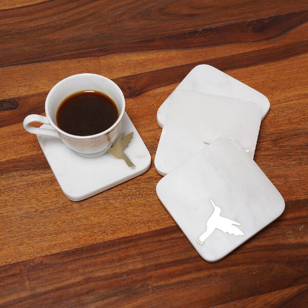 4er-Set, Marmor Untersetzer mit Messingintarsie, Kolibri, Größe 10x10 cm, Weiß image number 2