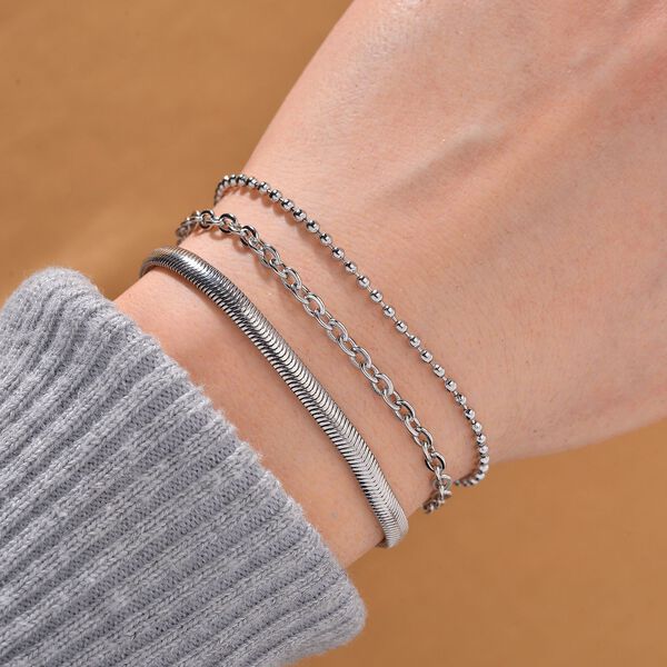 3er-Set - Kugelarmband, Gliederarmband, Ankerarmband, 19+5cm, Silberton image number 2