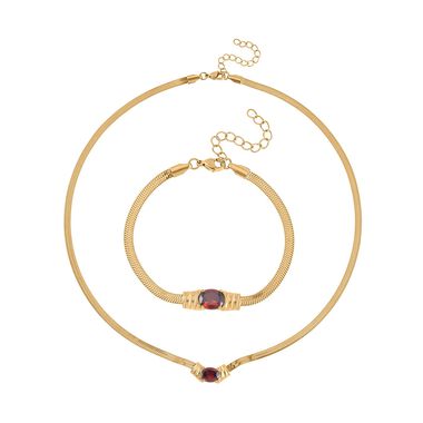 2-teiliges Schmuckset, Halskette und Armband mit Roter Kristallen, Edelstahl vergoldet